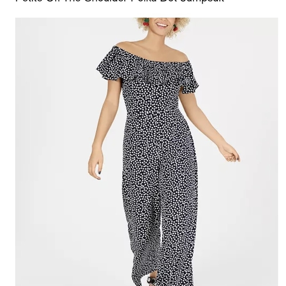 Betsey Johnson Off-the-Shoulder Navy and White Polka Dot Jumpsuit - Picture 8 of 10